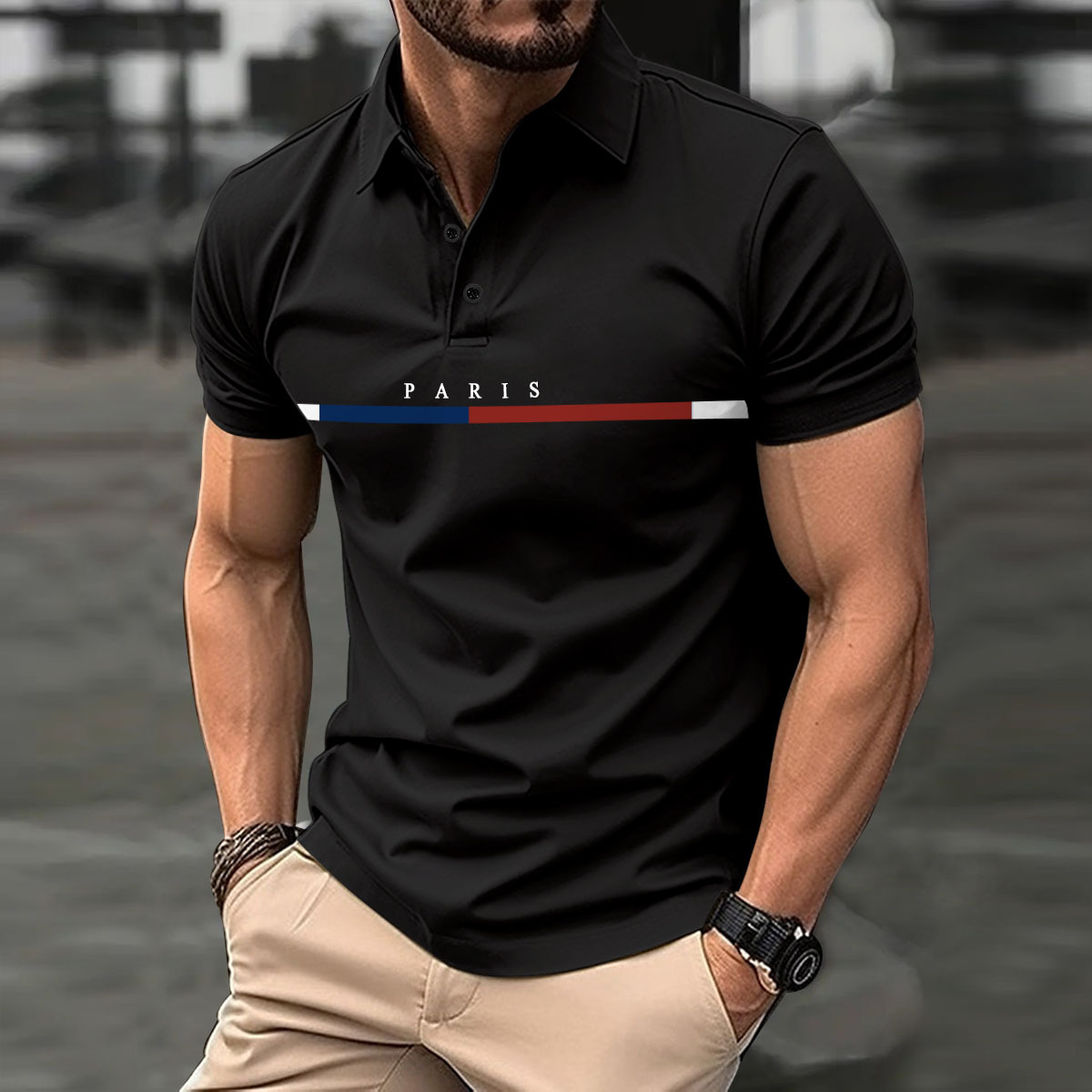 2024 Summer Men's Striped French Block Button Polo Sports Top