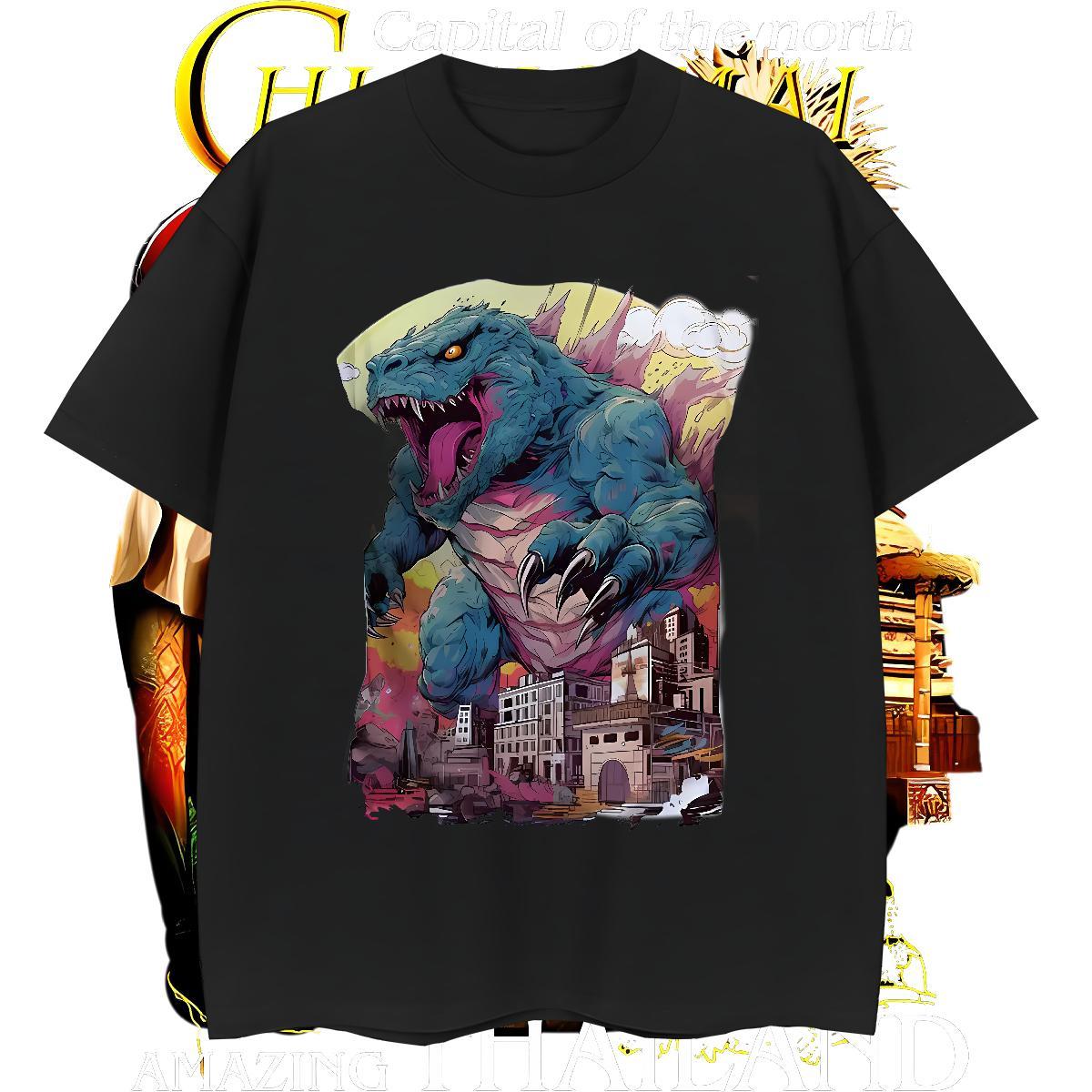 Comfortable Men Tops Tees 100% Cotton 230g dinosaur Mens T Shirts High Street Hip Hop Pure Cotton Custom Big Size Customized Top Tees