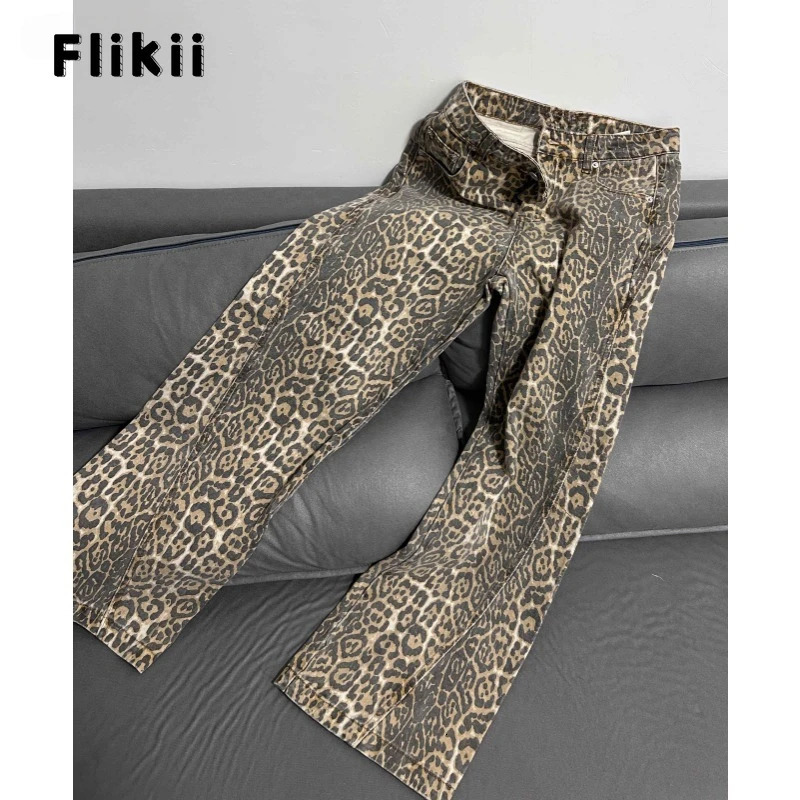 American Retro Leopard High Waist Baggy Jeans Womens Casual Pockets Hip-hop Pants Spring Y2K Oversiz Panther Denim Trouser 240806