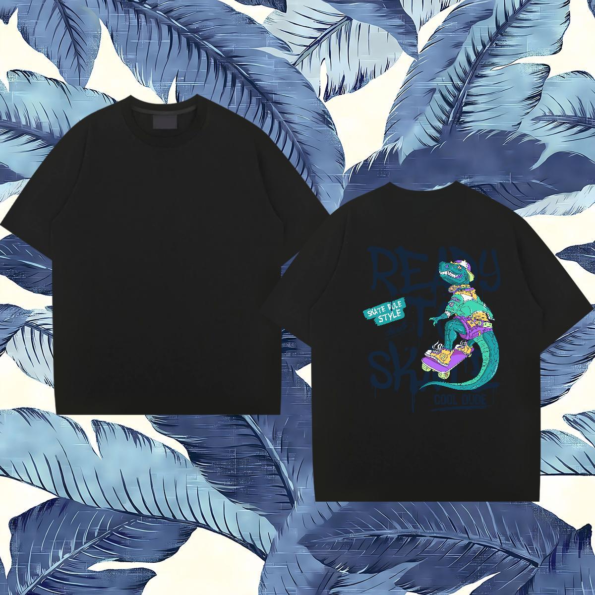 Fashion New Man T Shirts 230g 100% Cotton dinosaur Street Wear O-Neck Short Sleeve Comfortable Mens Tshirts Black Oversized