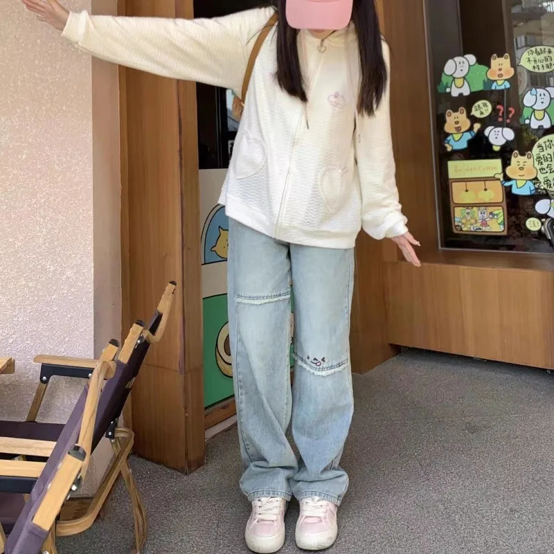 Vintage Washed Embroidery Denim Pant Women Korean Y2k Wide Leg Jeans Preppy Style Kawaii Straight Ankle Length Pants 240806