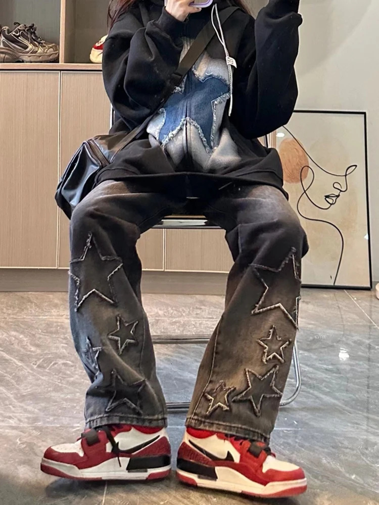 Womens Black Gothic Baggy Cargo Jeans with Star Harajuku Y2k 90s Aesthetic Denim Trousers Emo 2000s Jean Pants Vintage Clothes 240806