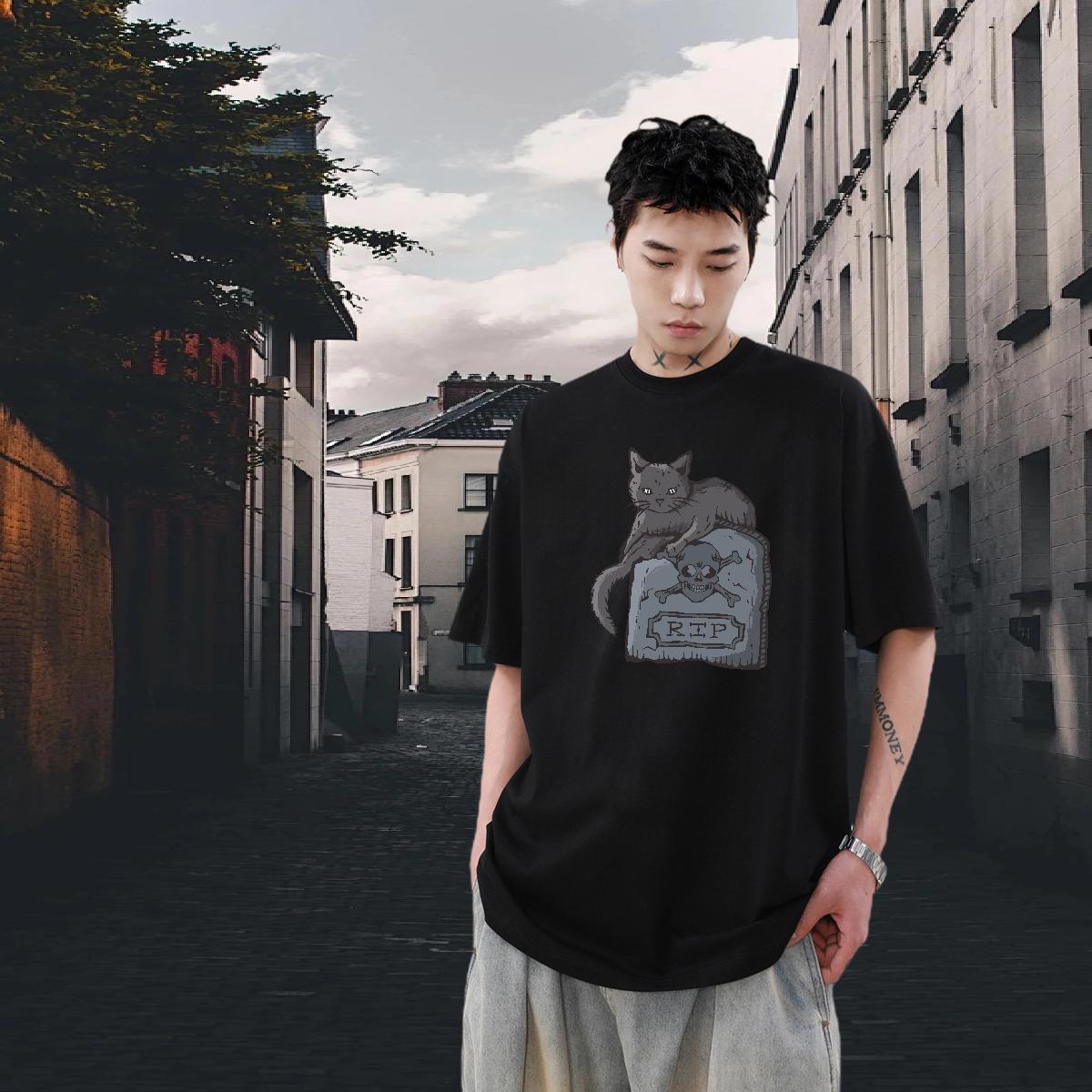 Classic Men Tees 230g 100% Cotton Street wear Hip Hop cat Cartoon Printing L-4XL Pure Cotton 2024 DIY Mens T Shirts Polos