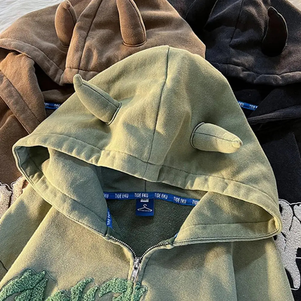 Horn Letter Embroidery Zip Up Hoodie Women Jacket Oversized Long Sleeve Sweatshirt Harajuku Couple American Retro Jacket Tops 240806