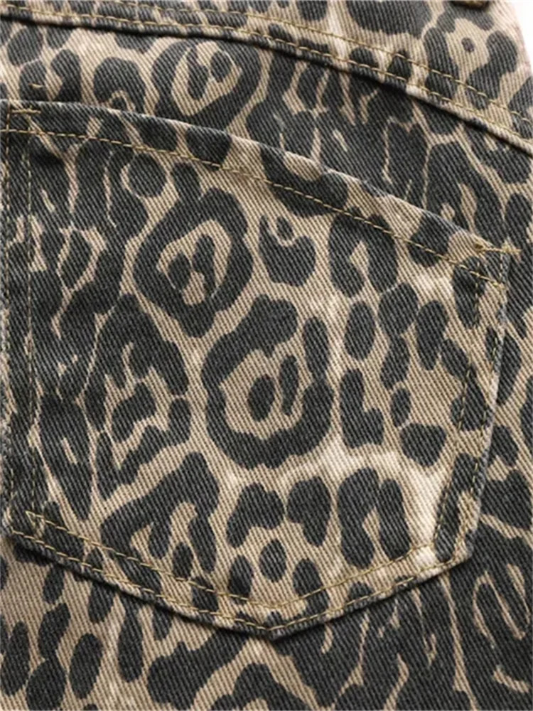 Leopard Print Jeans for Women American Retro Y2k Fashion Straight Wide Leg High Waisted Denim Pants Oversized Hip Hop Jeans 240806