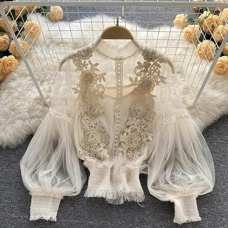 Women's Blouses Lace Long Sleeve Blouse Vintage Fashion Elegant Femme Blusas Korean Woman Tops Women Shirts Clothing Drop