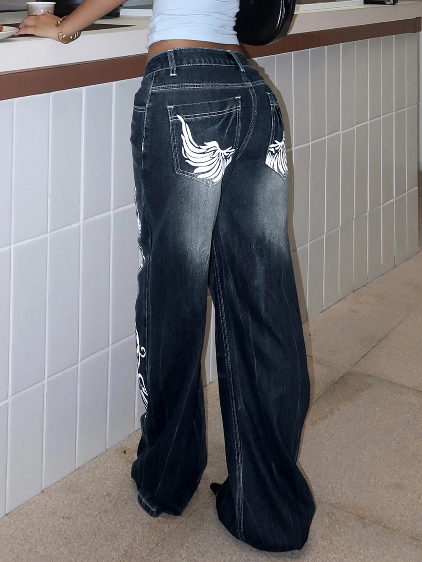 Rockmore Fashion All-match Printed Jeans Y2k Aesthetic Denim Long Trousers Vintage High Street Loose Hip Hop Wide-leg Pants 240806