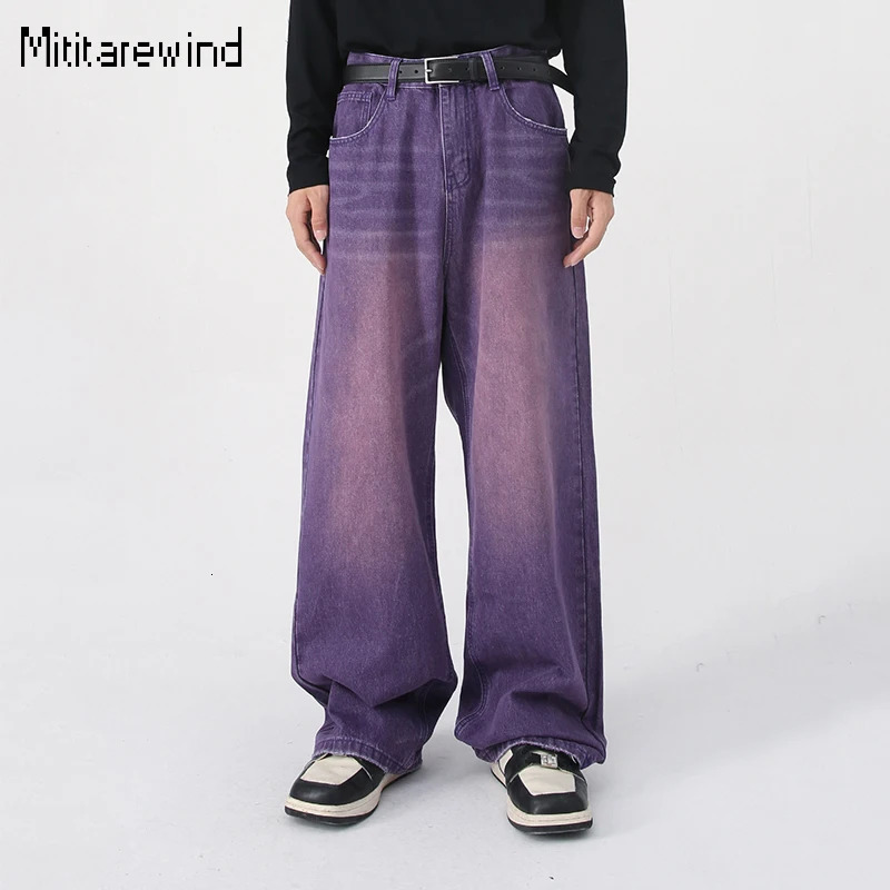 Korean Style Purple Jeans Men and Women High Street Trendy Wide-leg Jeans Y2k Cotton Wash Distressed Vintage Jeans Youth Unisex 240819