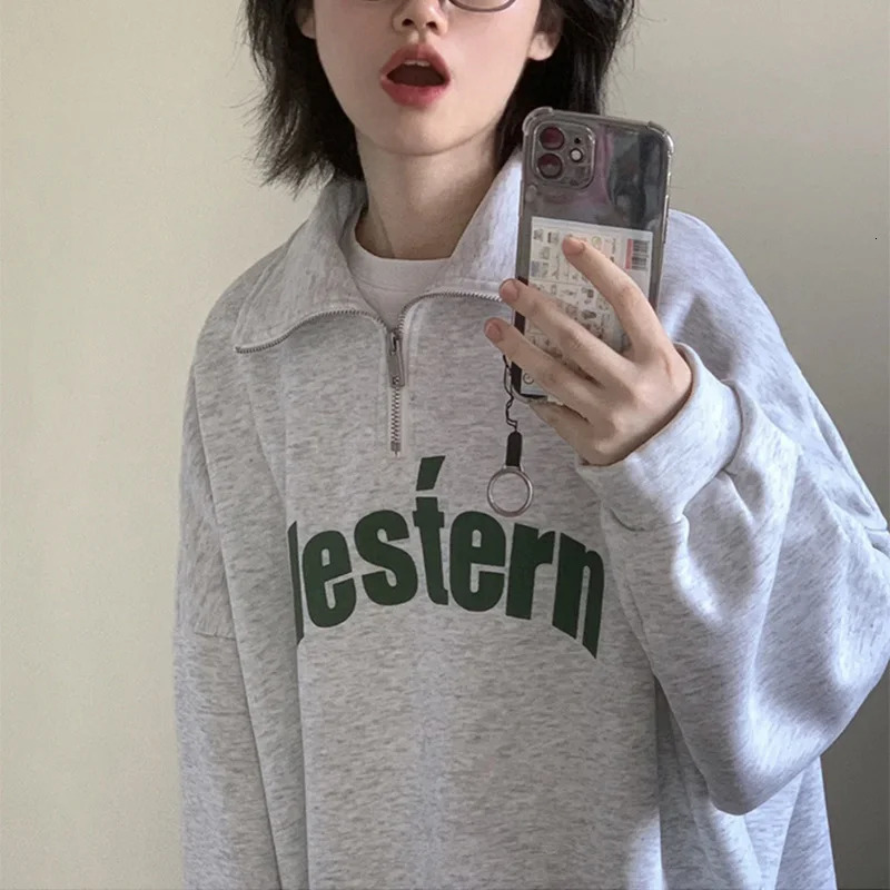 Vintage Polo Collar Zipper Women Hoodies Oversized Sweatshirt Korean Autumn Y2K Letter Print Long Sleeve Shirt Teens Polo Shirt 240806