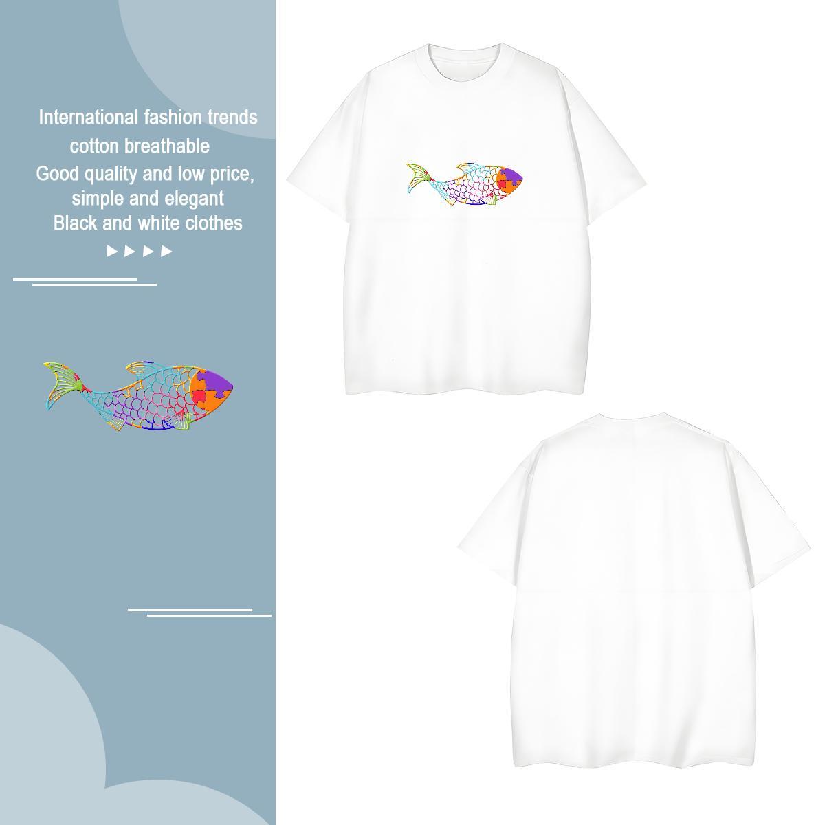 Men T Shirts 230g 100% Cotton fish Street Casual Breathable Customized Tshirts 2024 New Popular Clothes
