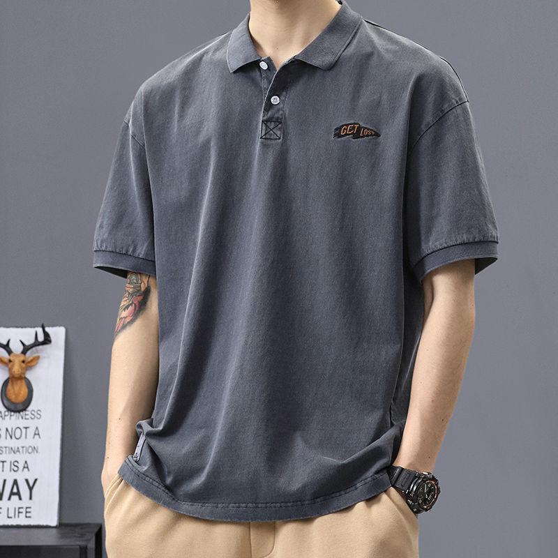 Summer men's American polo shirt with a collar and short sleeved shirt, trendy brand loose oversized T-shirt top