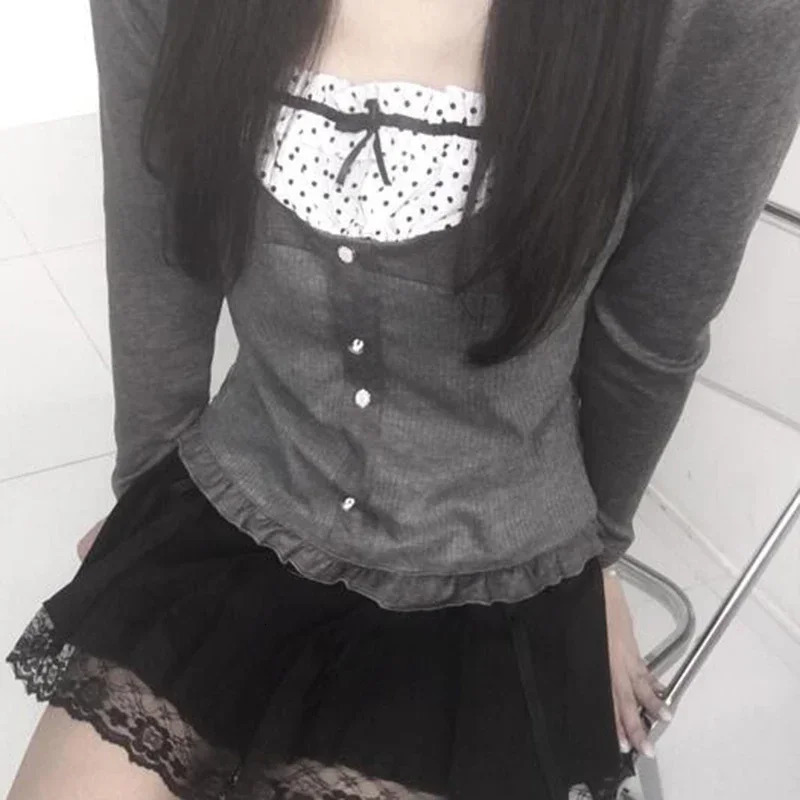 Y2K Polka Dot Print Contrast Patchwork Knitted Tops Grey Autumn Spring Cute Bow T-shirts Slim-fit Long Sleeve Knitwear 240806