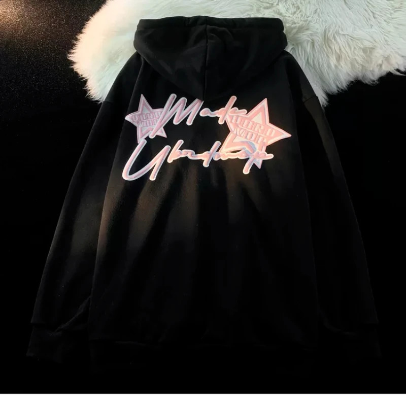Letter Print Sweatshirts Gothic Streetwear Vintage Loose Patchwork Tops Coats Zip Up Hoodies Women Harajuku Hip Hop Top 240806