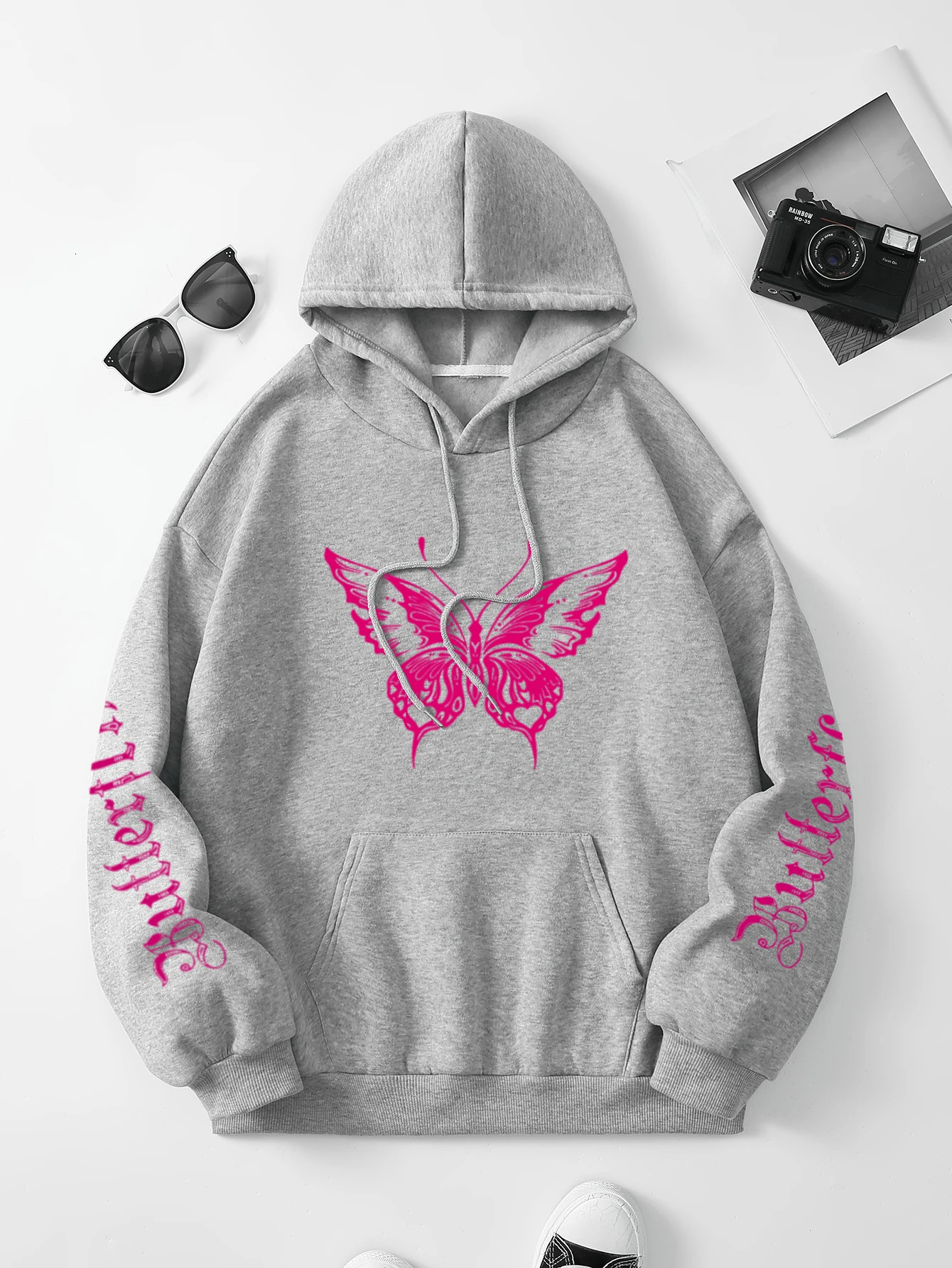 Butterfly Letter Print Drawstring Hoodie Casual Long Sleeve Kangaroo Pocket Hoodie Sweatshirt Womens Clothing 240806