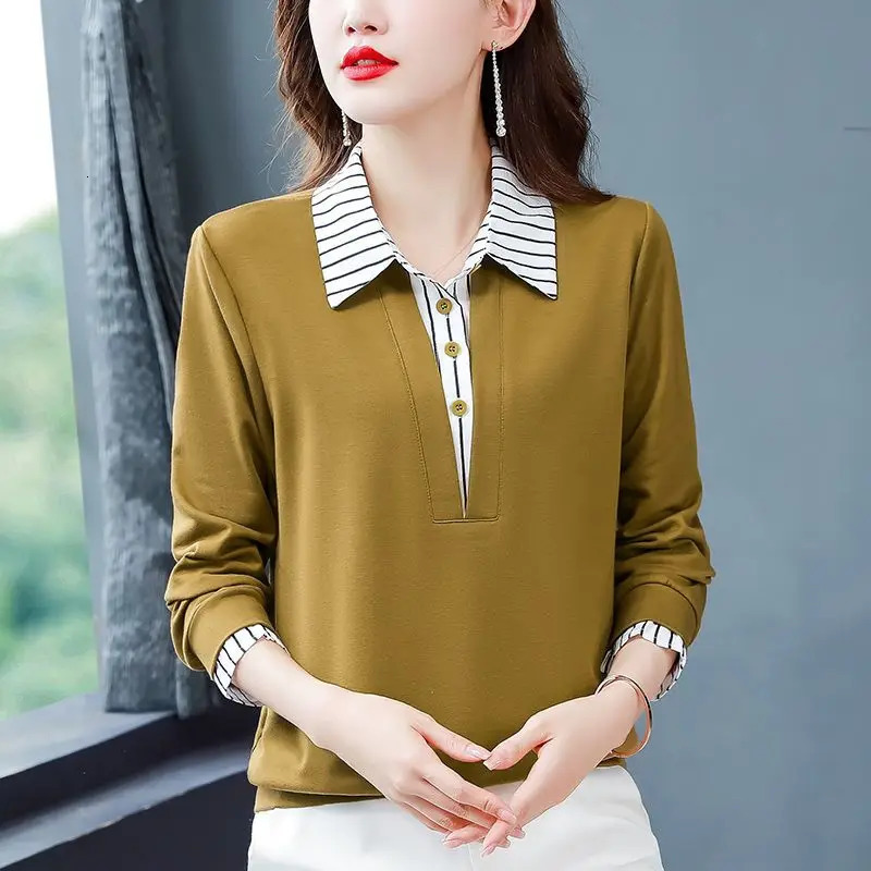 Spring Summer Tee Shirt Womens Clothing Long Sleeve Loose Turn-down Collar Striped Button Patchwork Elegant Fashion Casual Tops 240806