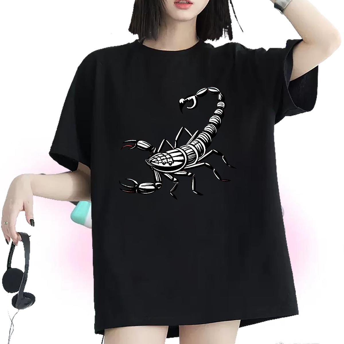 Female T shirt Breathable Short Sleeve Women Tees Cartoon Floral Printing scorpion Casual Beach 230g Pure Cotton 2024 Tops Shirt