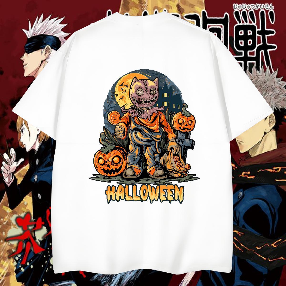 Classic Casual T shirt 230g Cotton Halloween Daily Outfit Tees Breathable Crew Neck Loose Couples T Shirts Graphic