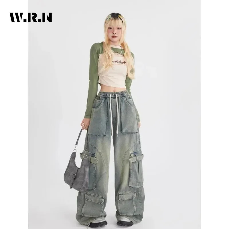 Vintage Casual Grunge Pocket High Waist High Street Blue Jeans Pants Women Drawstring Wide Leg Baggy Y2K Straight Denim Trouser 240806