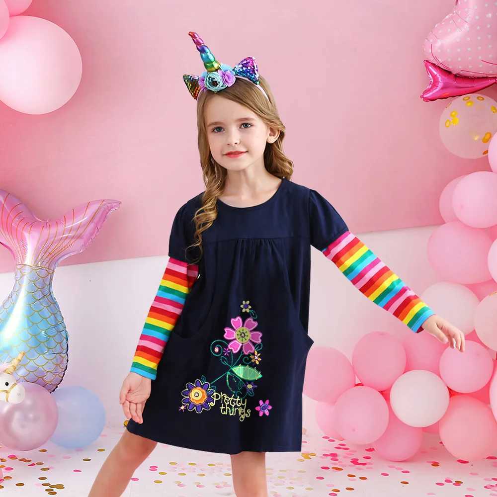 DXTON girls floral embroidered dress childrens floral dress pocket girls rainbow striped cotton casual daily dress childrens clothingW240720