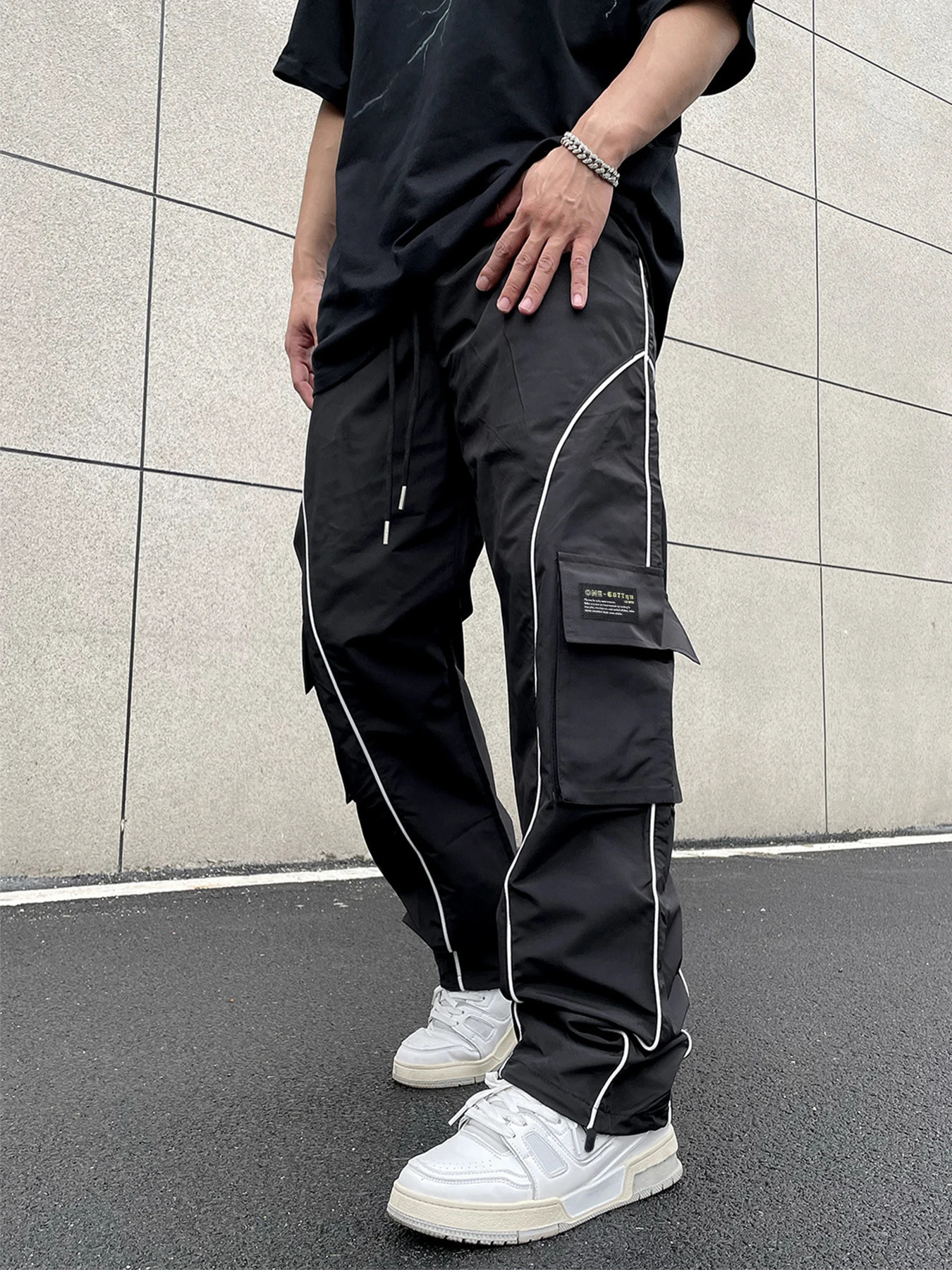 Y2K solid striped contrasting cut drawstring pants casual loose elastic waist pants suitable for spring and summer mens wear240806