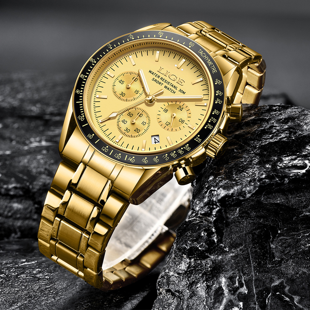 LIGE men's quartz watches, water-resistant sports watches, multi-functional chronographs, top brand, fashionable business watches, festival gifts