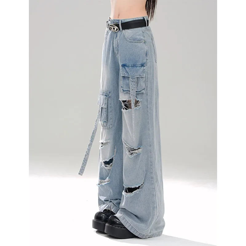 High Waist BlueWomens Jeans Vintage Straight Baggy Denim Pants Streetwear American Style Cargo Plus Size Wide Leg Denim Trouser 240806