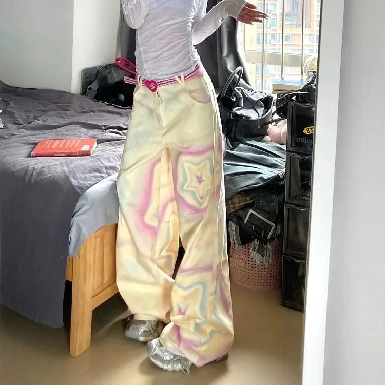 Jeans Star Doodle Yellow Harajuku 90s Aesthetic Baggy Denim Trousers Korean Jean Pants Vintage WomenS Y2k Floor Mopping Pants 240806