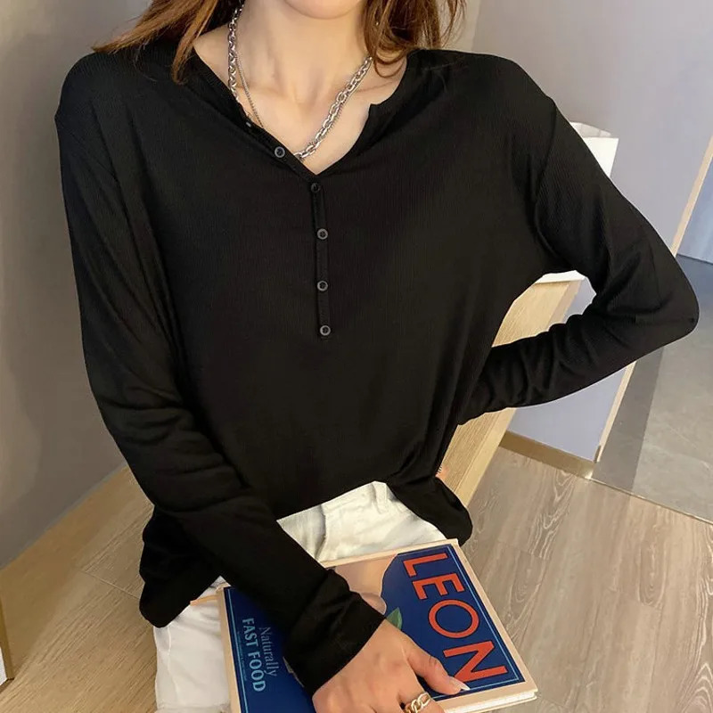 Summer Spring Bottoming Mask Tshirt Rib Cotton T-shirts long sleeves V-neck Buttons Tee tops solid color all match 240806