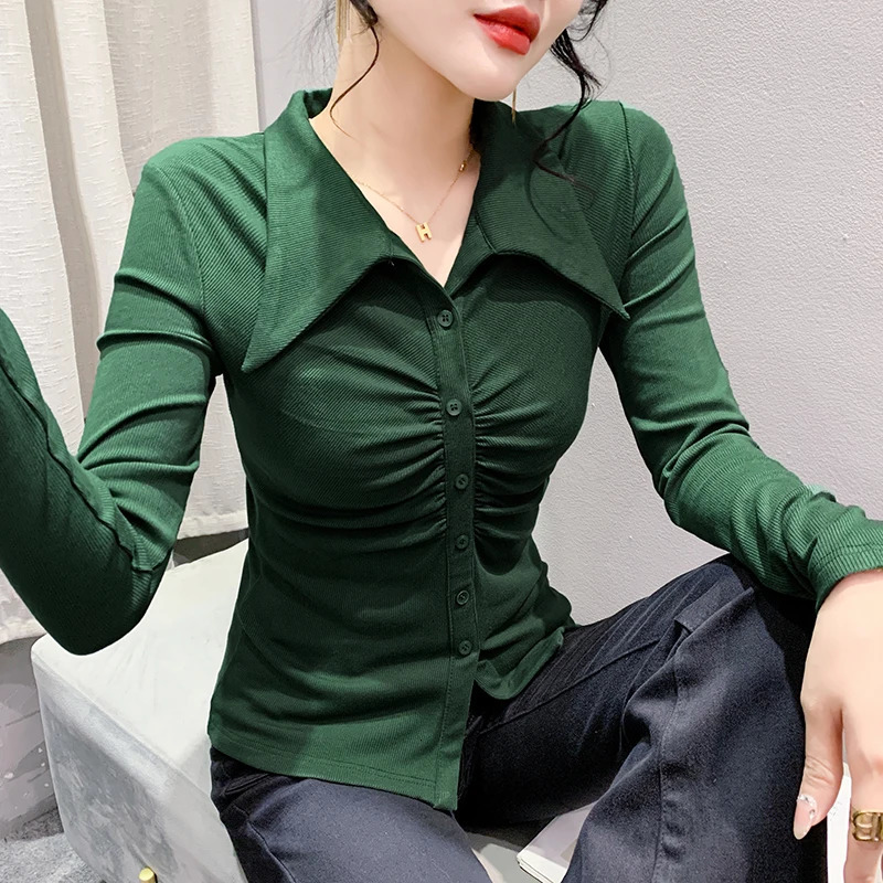 Fall Winter European Clothes T-Shirt Chic Sexy Draped High Quality Button Blouse Women Tops Long Sleeve Tees 311044 240806