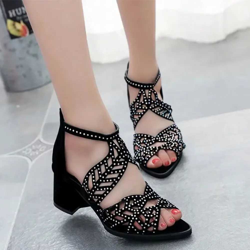 High Quality New Style Women Summer Hollow Out Faux Leather Rhinestones Thick Heel Zipper Sandals Shoes Eur 35-41 T241227