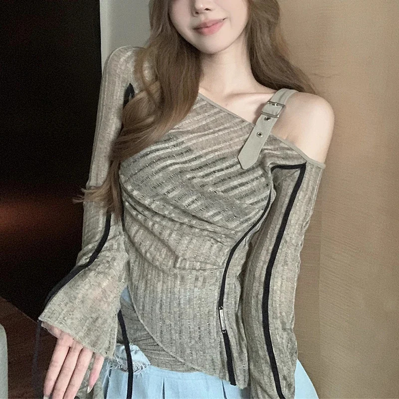 Vintage Tops One Shoulder Knit Slim Fit Irregular Hem T Shirt Korean Grunge Y2K Crop Tees Summer Ruched Long Sleeve Tees Shirt 240806