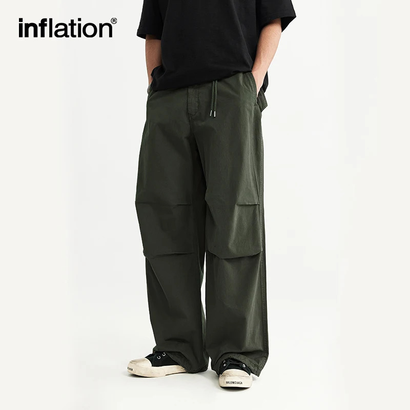 INFLATION Baggy Parachute Pants Streetwear Mens Elastic Waist Washed Cargo Male 100% Cotton Trousers 240806