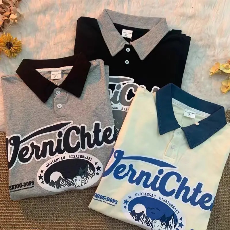 American Men and Women Vintage Letter Printed Polo Shirt Summer Personalized Loose Couple Trend Short Sleeve T-shirt harajuku 240806