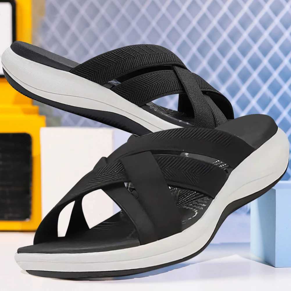 Women Slip On Slides Wide Width Cross Strap Casual Beach Sandals Open Toe Platform Wedge Sandals Lightweight for Summer CL240806