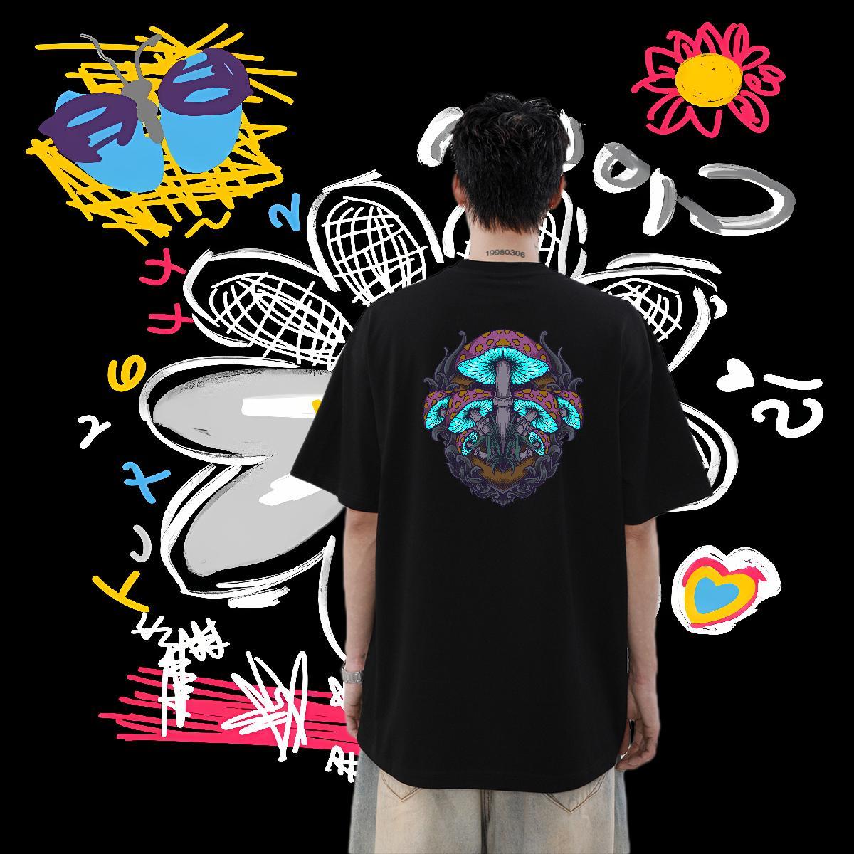 Fashion Casual Man T Shirts 230g Cotton mushroom High Street Hip Hop Tops Tees Breathable Crew Neck Designer Tshirt for Man Woman Skull