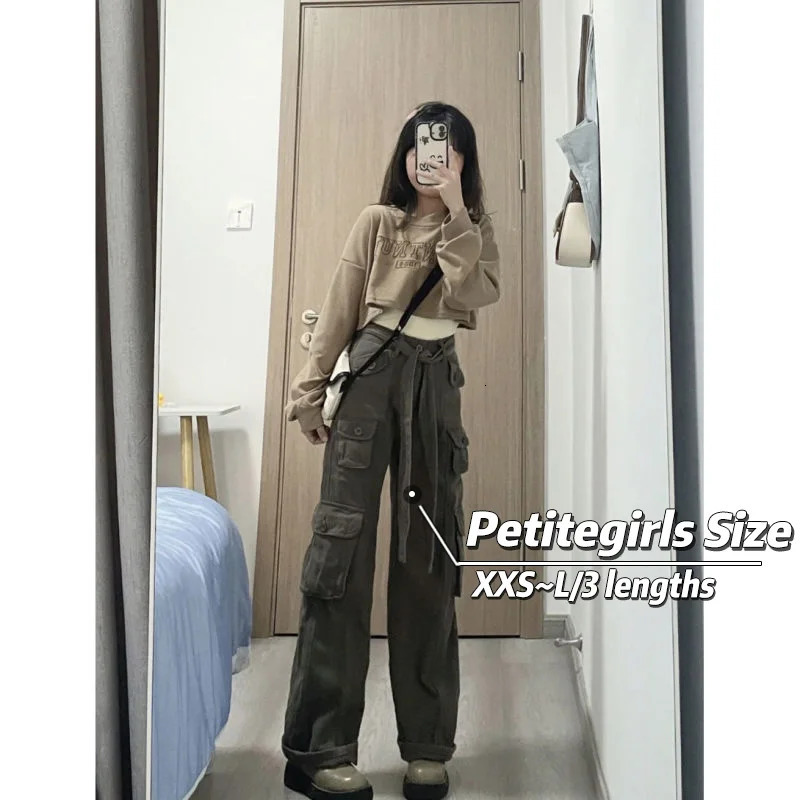 150cm Petite girls American High Street Workwear Jeans Women low-Waisted Straight-leg Wide-leg Mopping The Floor XS Appear High 240806