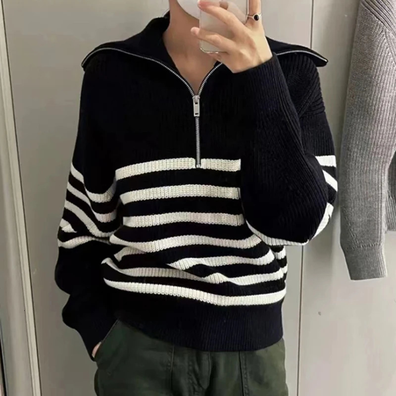 HELIAR Women Striped Loose Knit Sweater Casual Long Sleeve Zipper Polo Collar Sweaters Thickened Warm Pullovers Autumn Winter 240806