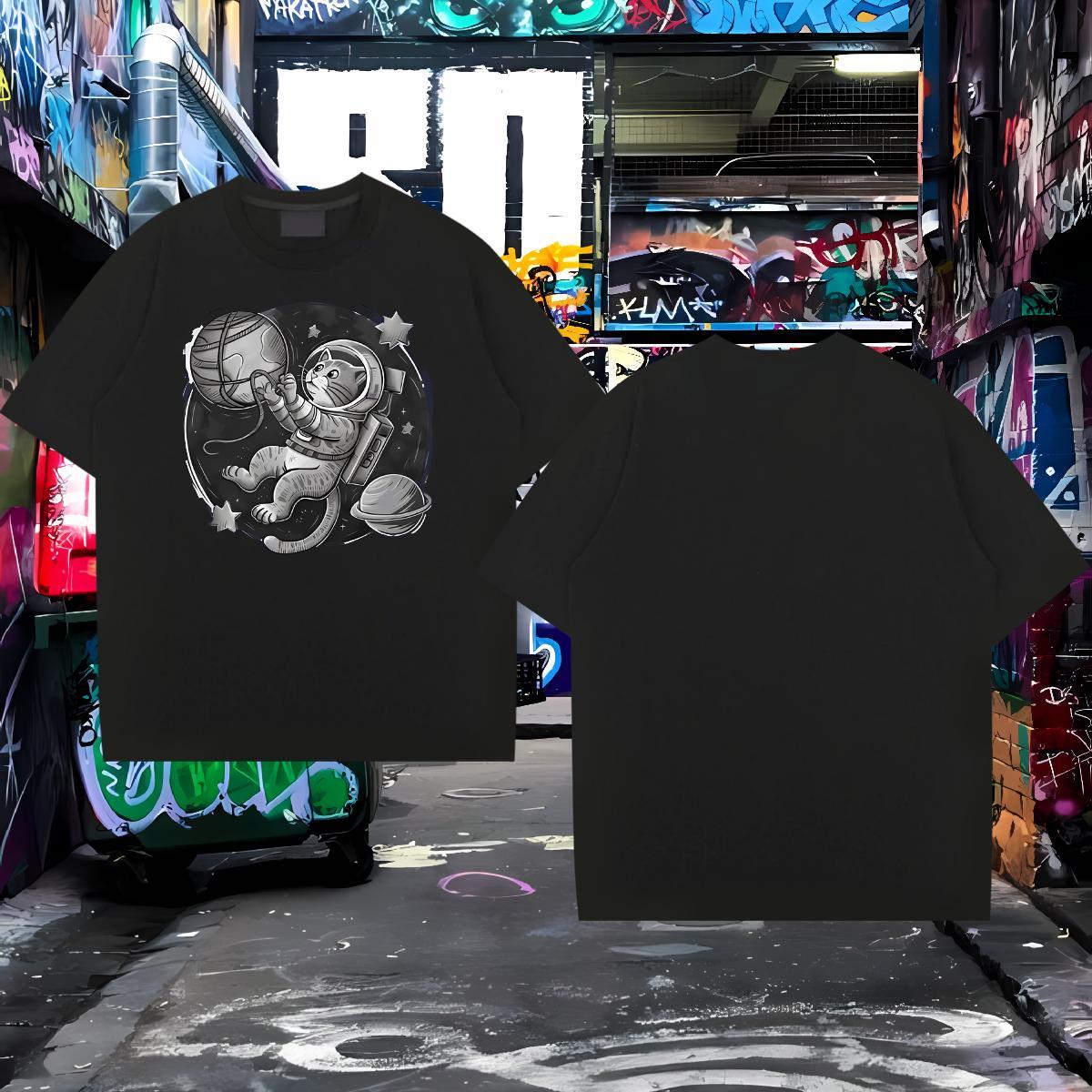 Fashion New Mens T Shirts 230g 100% Cotton cat Anime Printing Street Tops Pure Cotton Loose Fit Men Clothes T-Shirt Custom Cartoon