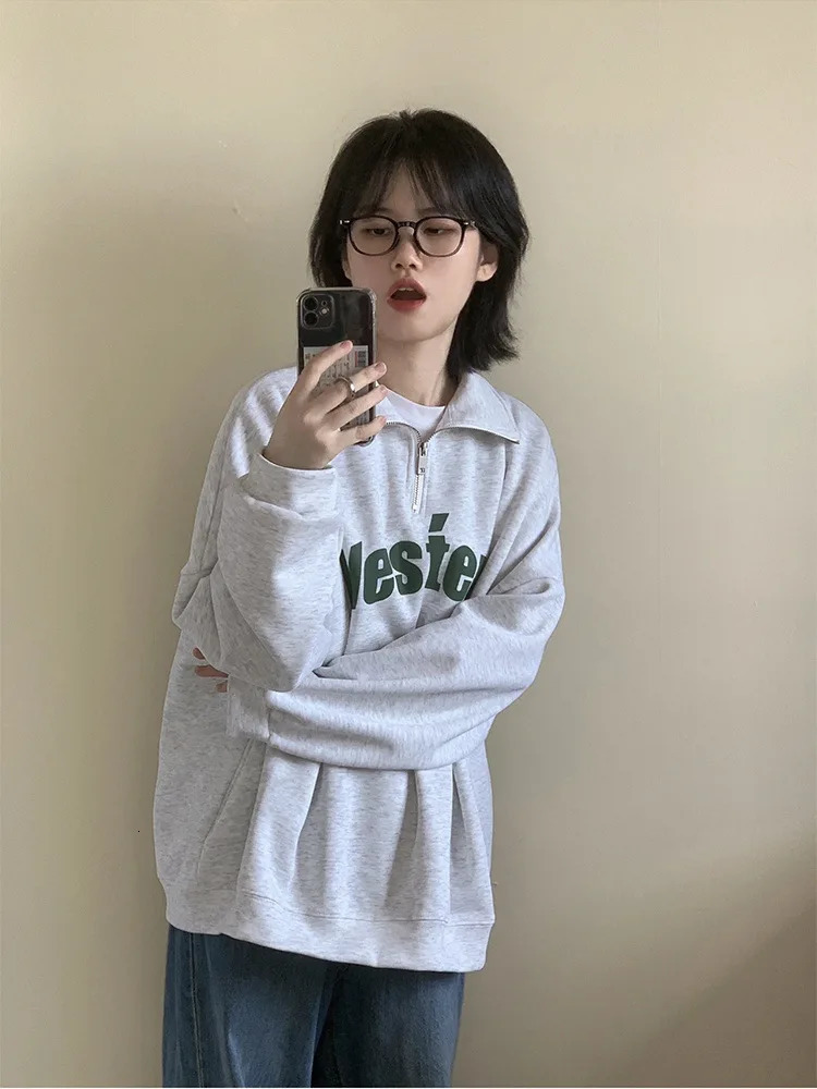 Retro polo collar zipper womens hooded sweatshirt oversized sportswear Korean autumn Y2K letter printed long sleeved T-shirt youth polo shirt 240827