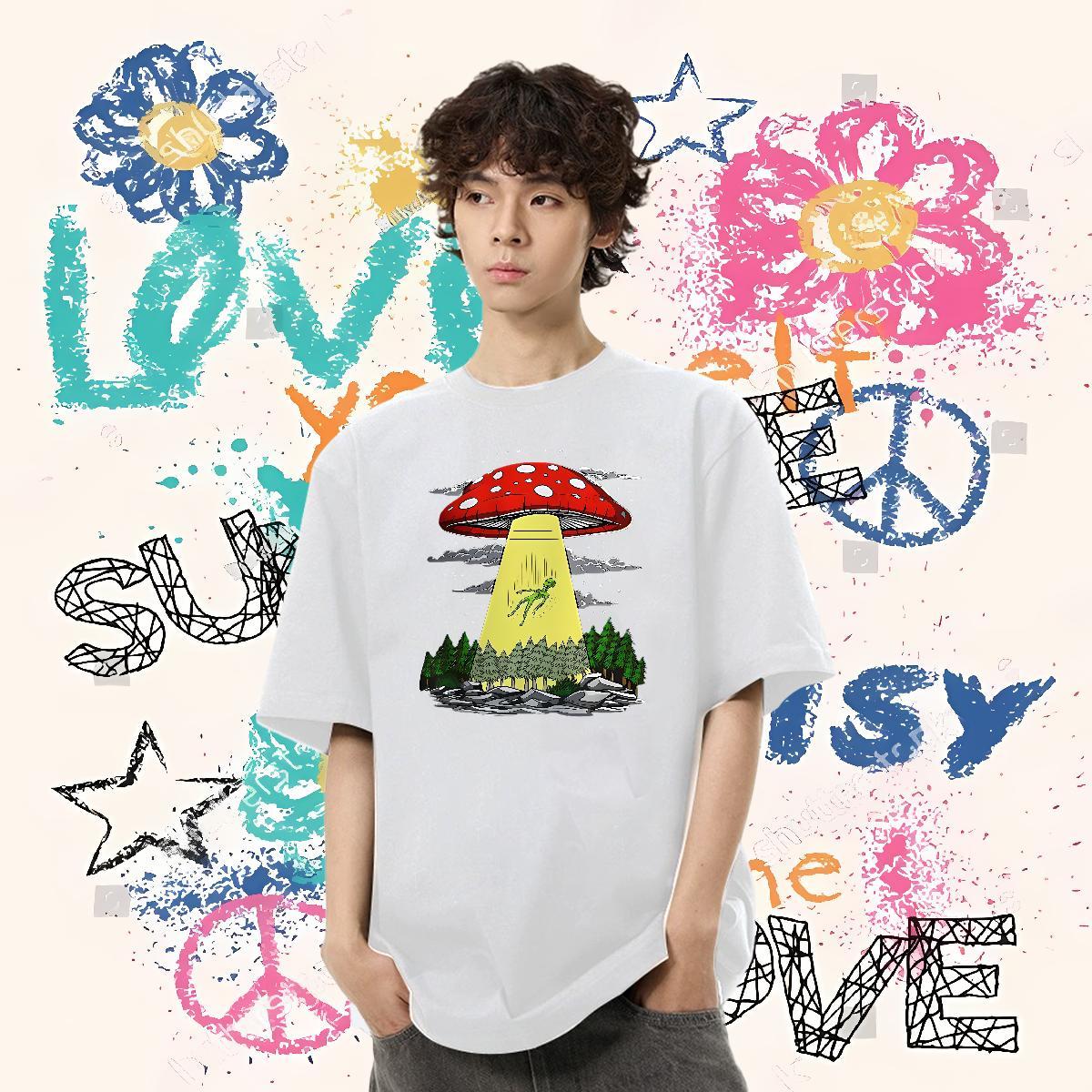 2024 T-Shirts 100% Cotton 230g mushroom Summer Casual Tshirts Breathable Wholesale Men Clothes T-Shirt Floral Print