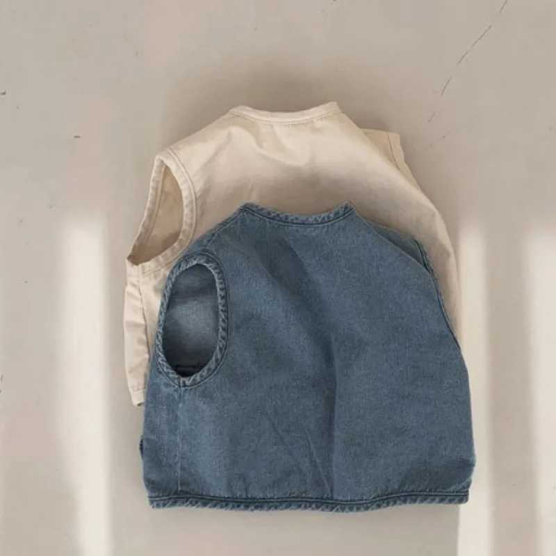 Childrens clothing childrens denim vest 2023 spring/summer Korean fashion boys and girls pocket loose casual denim vestW240724
