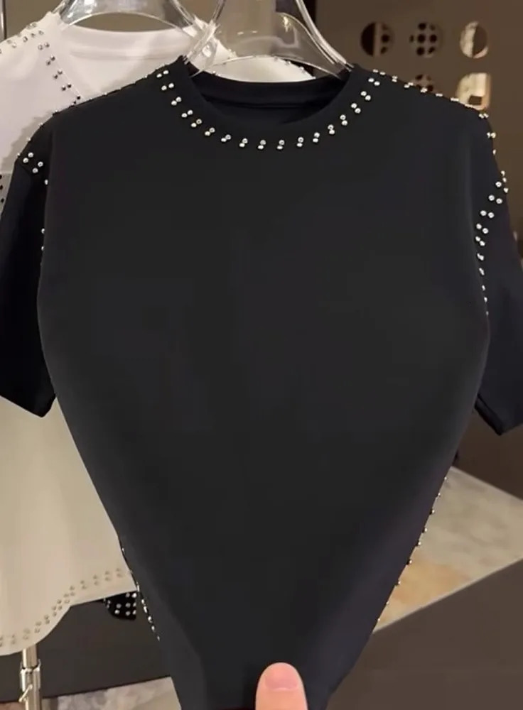 Fashion Trend Mens Tshirt 2024 Summer Loose Rivet Half Sleeve Casual Handsome Solid Color Short 240806