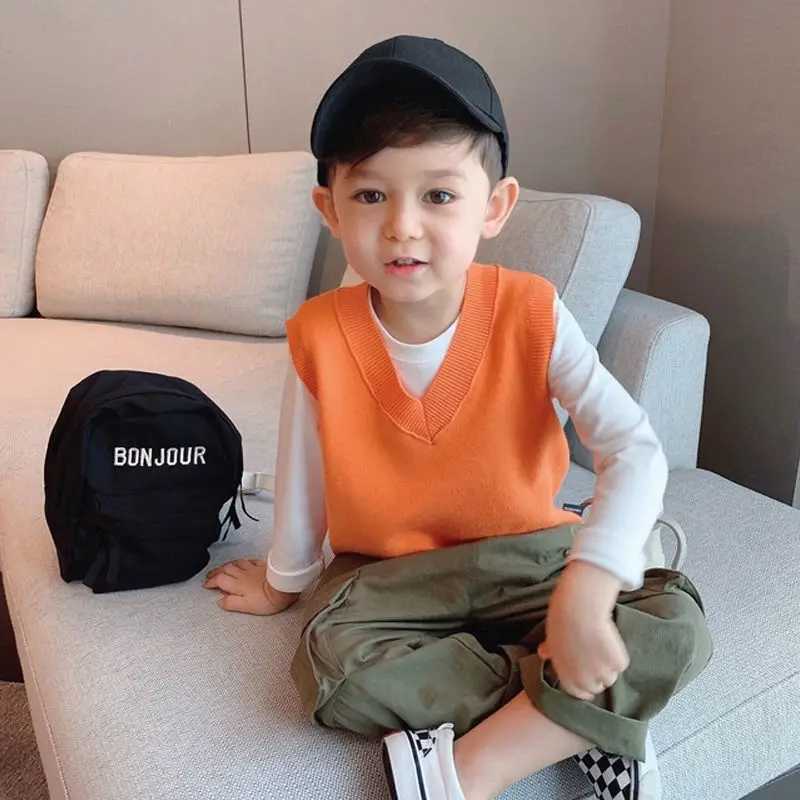 Beige black khaki red orange gray knitted soft sleeveless vest suitable for baby boys and girls spring and autumn floral jacketW240724