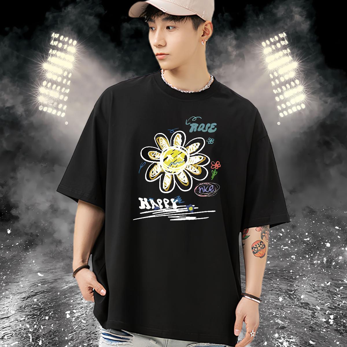 Stylist T Shirt For Man 230g Pure Cotton flower High Street Hip Hop Tees Shirts Crew Neck Breathable High Quality Tshirt for Man Woman Black Oversized