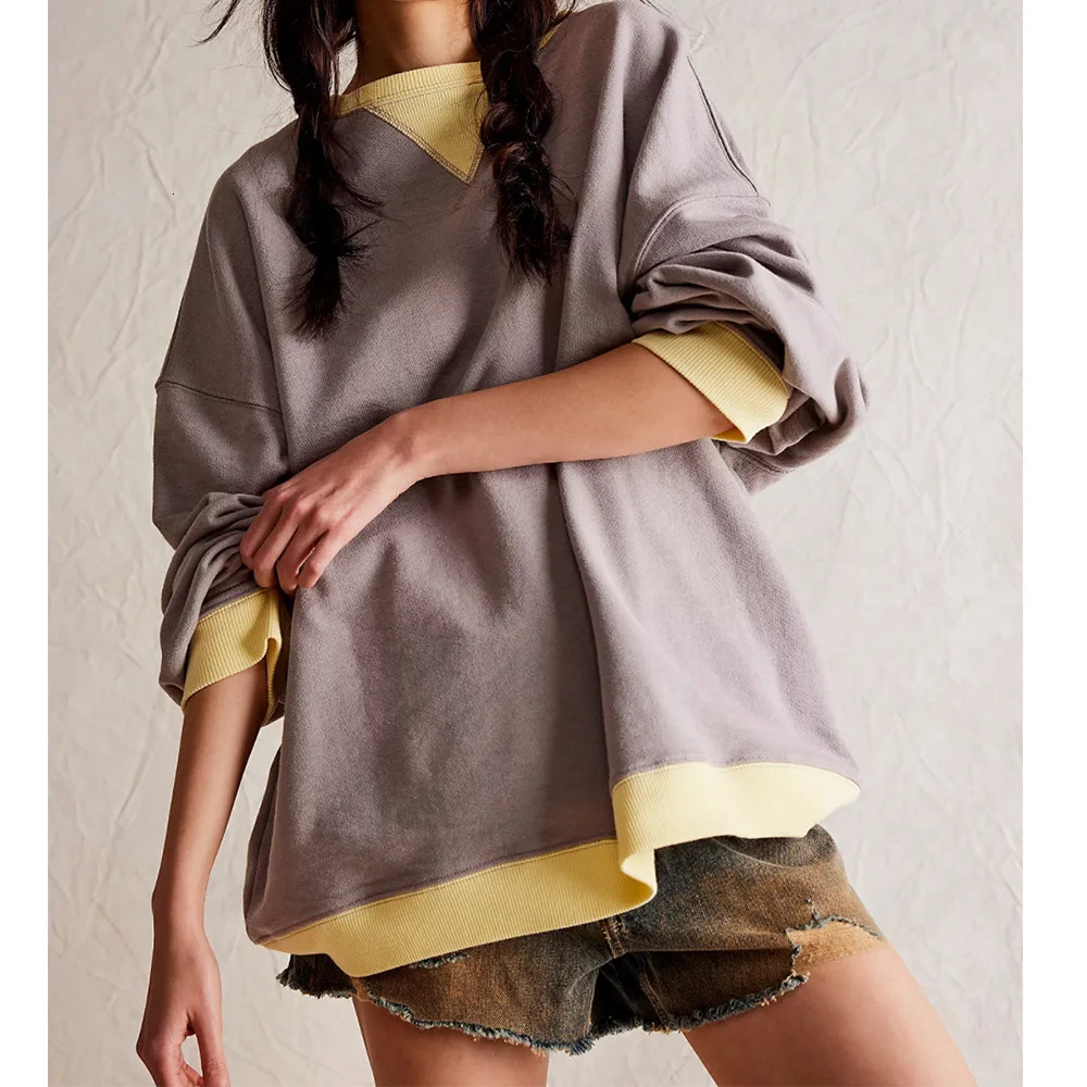 Spring Autumn Womens Sweatshirt Contrast O-neck Casual Loose Pullovers Female Multicolour Sport Shirt Womens Tops 240806