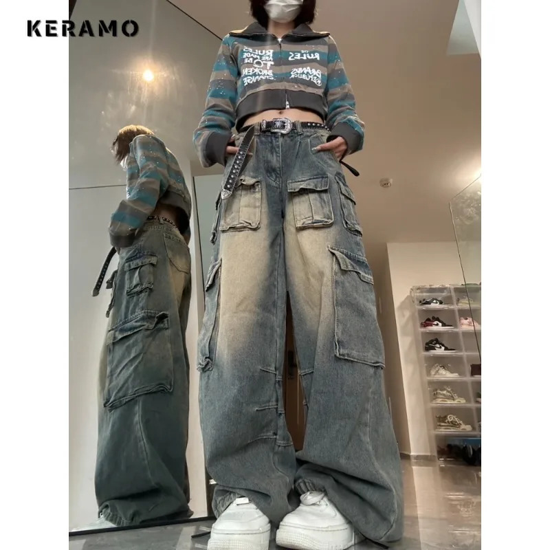 Womens Harajuku Vintage StyleHigh Waist Loose Jeans Autumn Winter Y2K Pants Wide Leg Baggy Streetwear Denim Trouser 240806