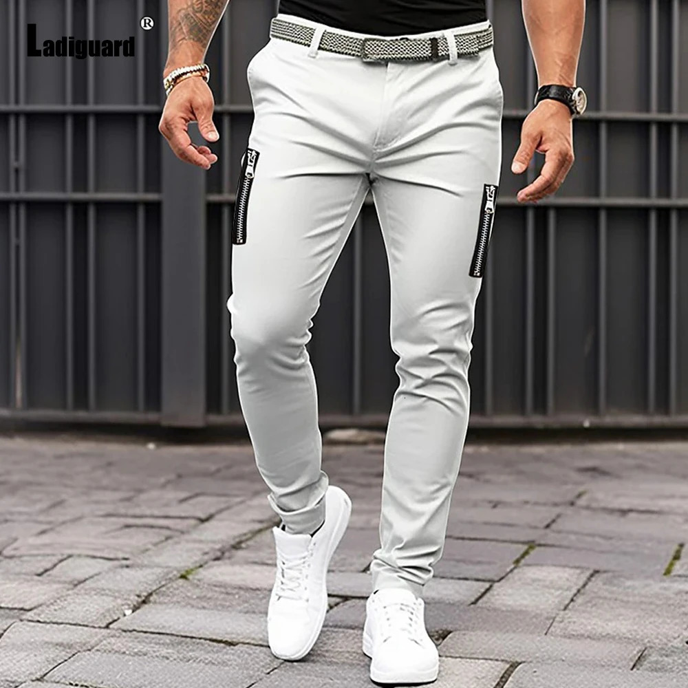 Plus Size 3xl Mens Cargo Pants Solid Grey White Pencil Elegant Fashion Zipper Pockets Trouser Men Streetwear 240806