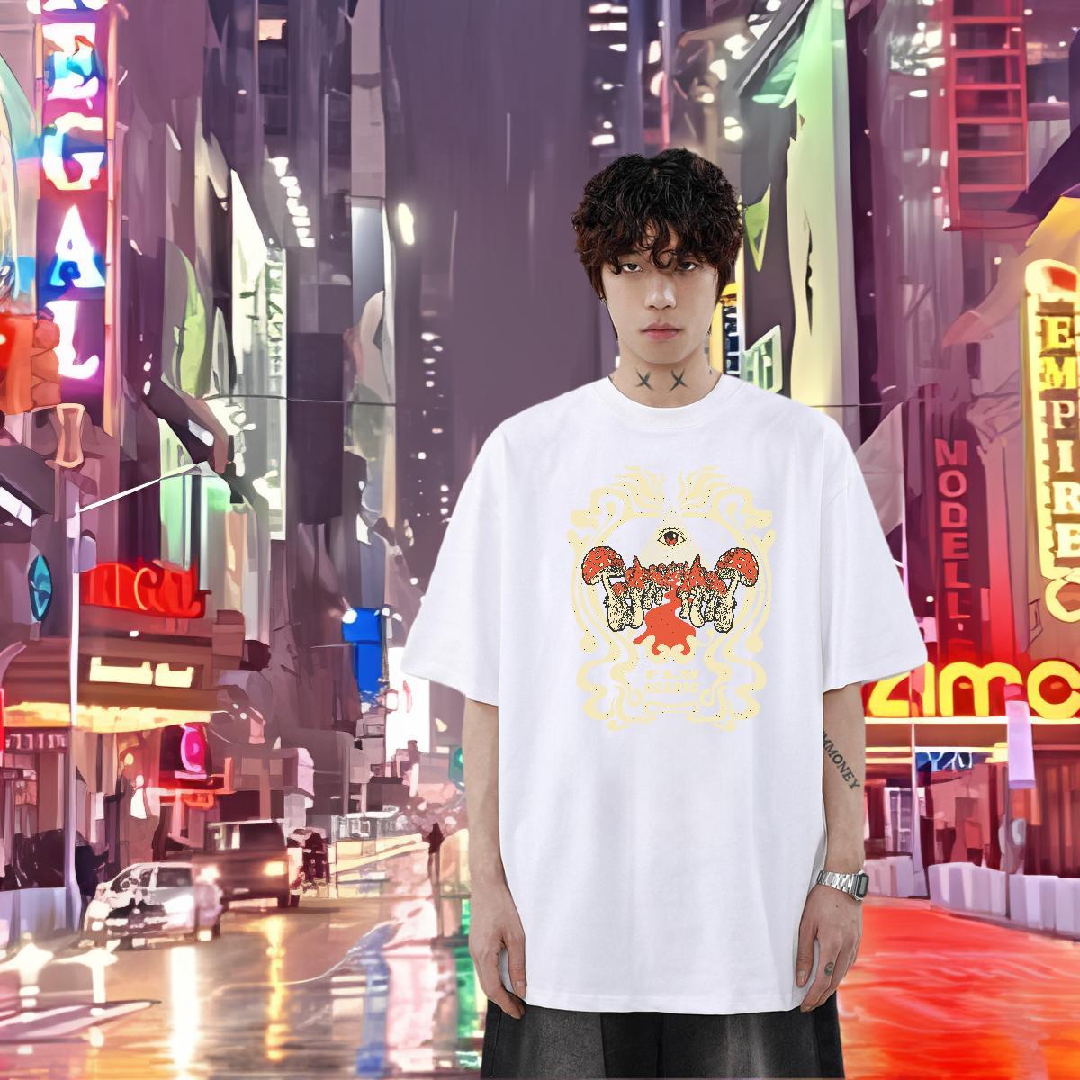Factory Direct T Shirts Men 230g Pure Cotton mushroom Street wear Hip Hop Tees Short Sleeve O-Neck Unisex Couples T Shirts Black White