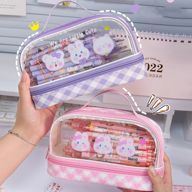 Double layer pencil case, transparent cartoon large capacity pencil case, hand-held student stationery storage bag internet famous cute makeup bag