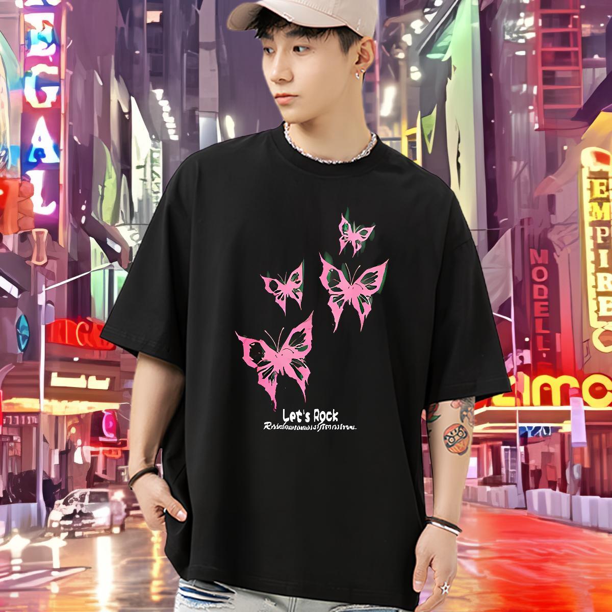 New Man T Shirts 230g Pure Cotton Butterfly Spring Summer Clothes Breathable Soft High Quality Men Tshirts Cartoon Printing L-4XL